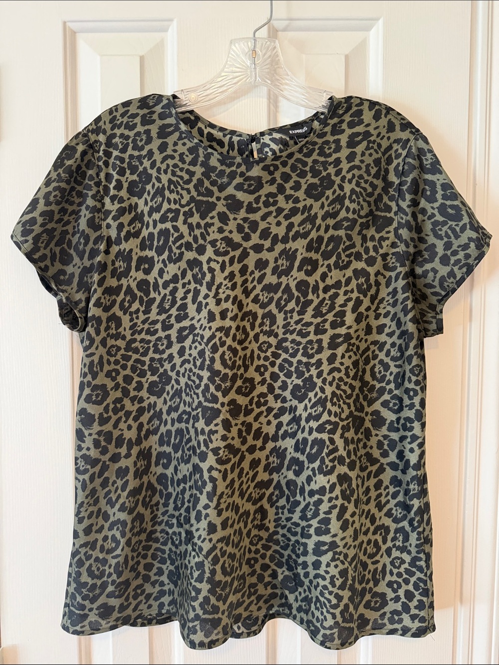 Express Olive and Black Leopard Print Short Sleeve Blouse